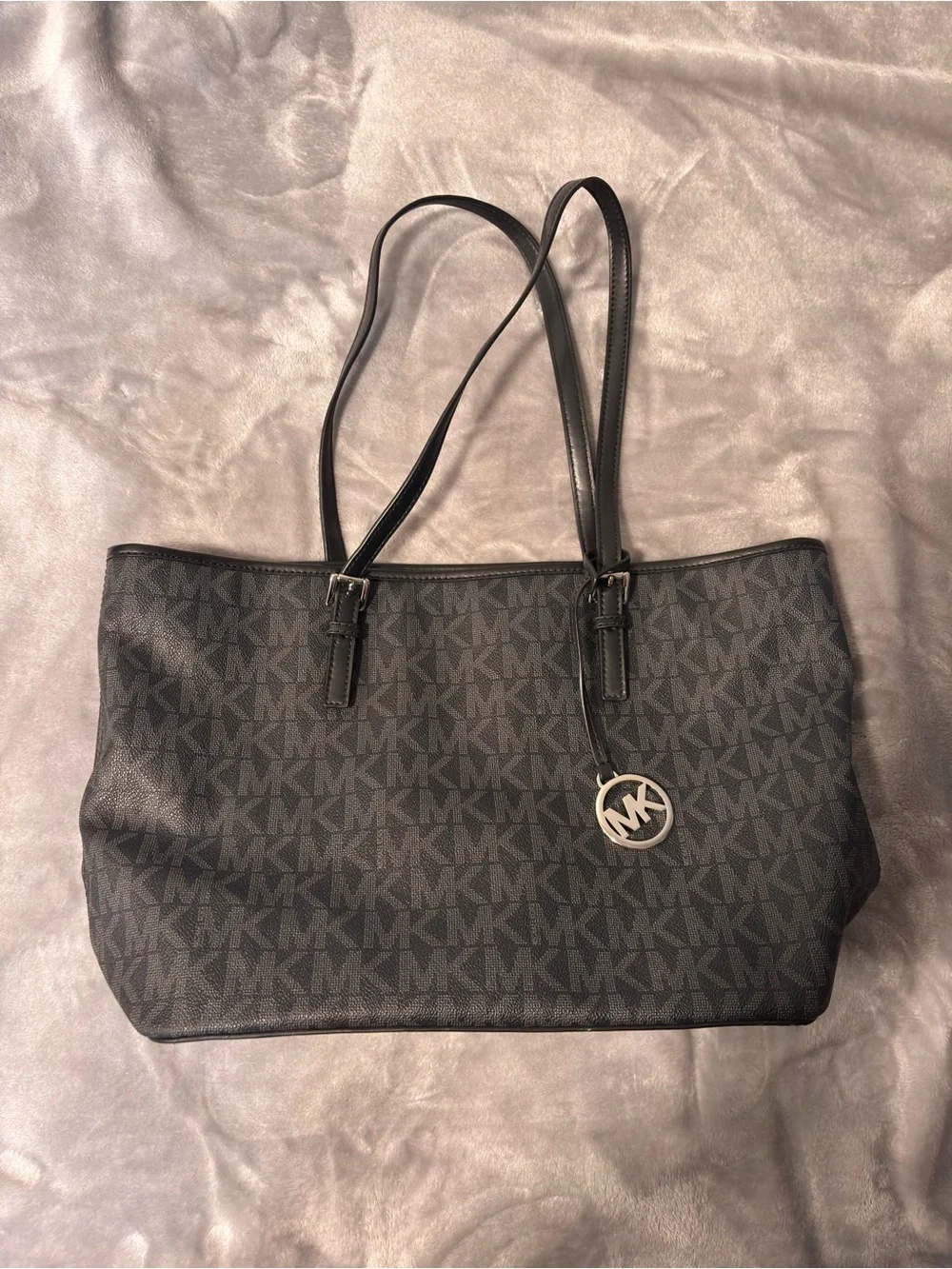 Michael Kors Black MK Monogram Tote with Silver Accent Charm